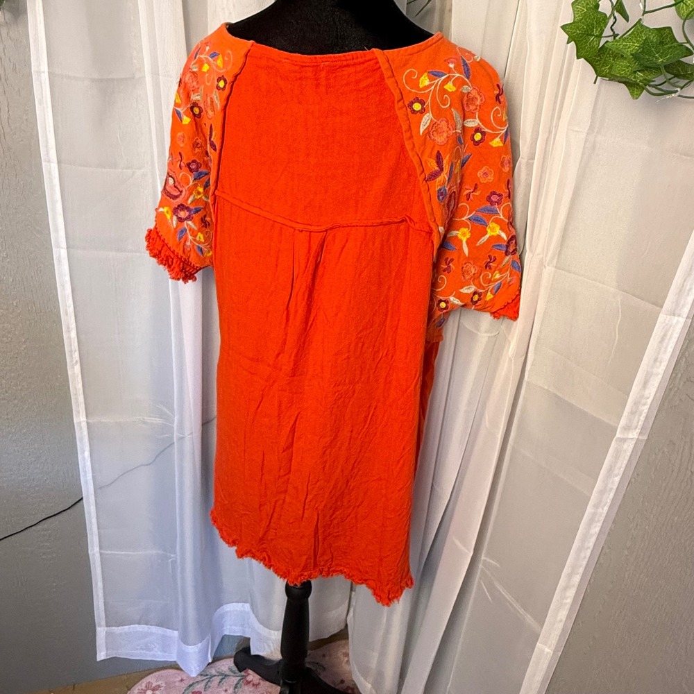 Umgee Plus Orange Embroidered Sleeve Linen Cotton Blend Fringe Hem Top 2XL - Picture 8 of 9